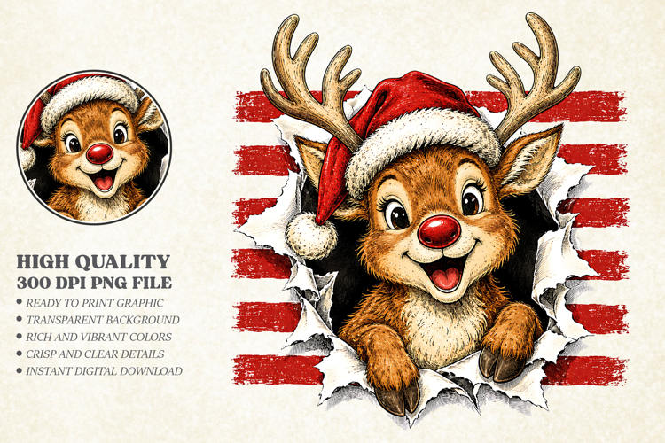 Christmas Rudolph Reindeer PNG - Cute Holiday Shirt Art