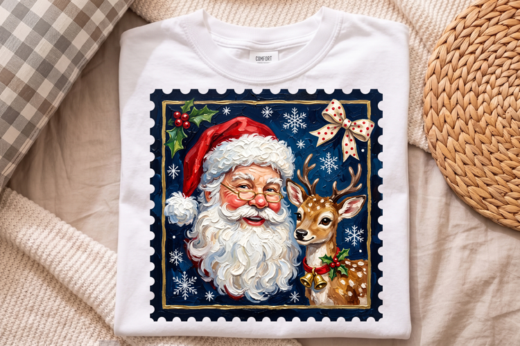 Christmas Santa and Reindeer Png,Holiday Postage Stamp