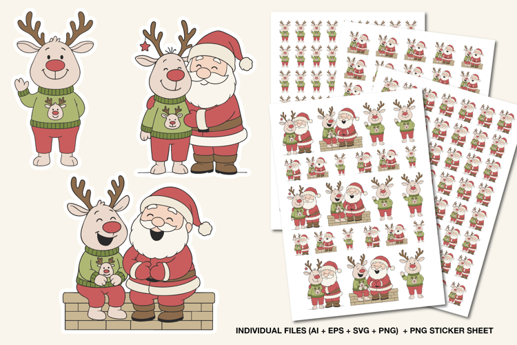 Christmas Santa and Reindeer Sticker, Cute Christmas Clipart