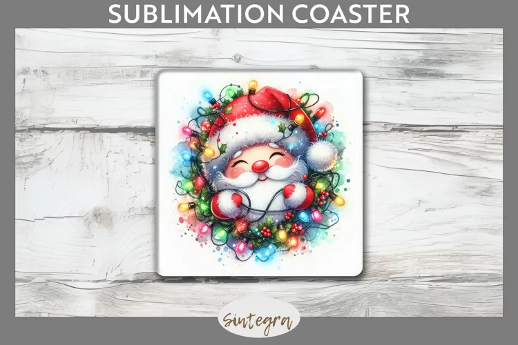 Christmas Santa Claus v6 Entangled in Lights Square Coaster