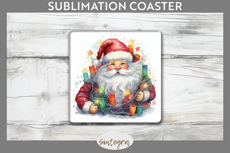 Christmas Santa Claus Entangled in lights Square Coaster Sub