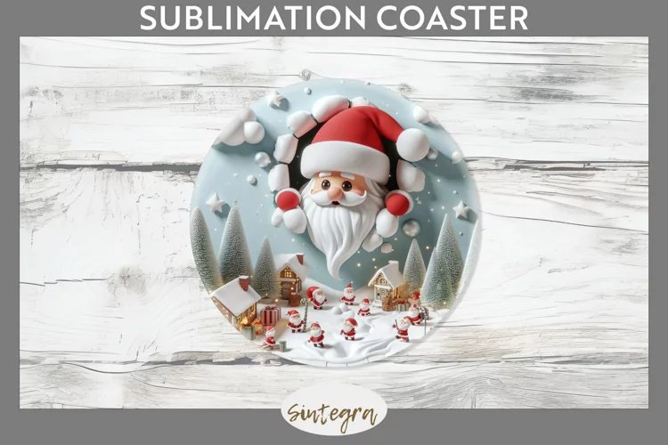3D Christmas Santa v25 Round Coaster Sublimation