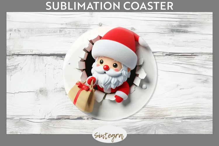 3D Christmas Santa v32 Round Coaster Sublimation