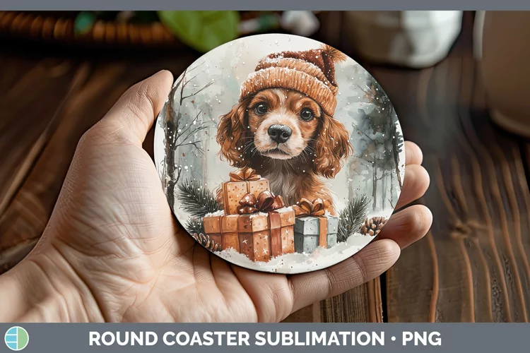 Christmas Santa Cocker Spaniel Round Coaster Sublimation Coa