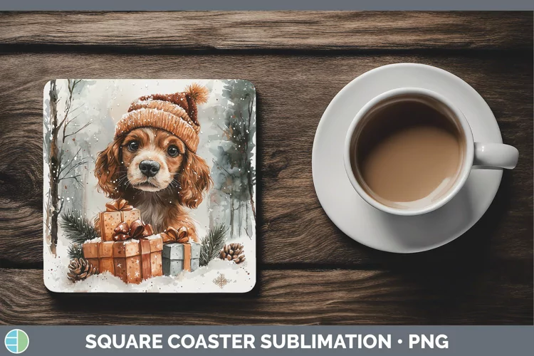 Christmas Santa Cocker Spaniel Square Coaster Sublimation Co