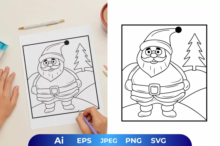 Cute Santa and Pine Tree Coloring Page