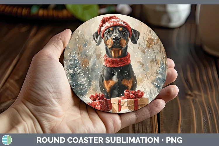 Christmas Santa Doberman Pinscher Round Coaster Sublimation