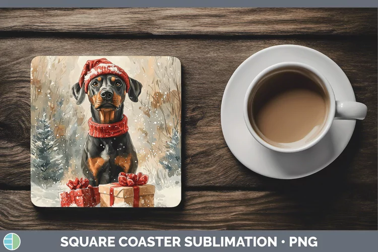 Christmas Santa Doberman Pinscher Square Coaster Sublimation