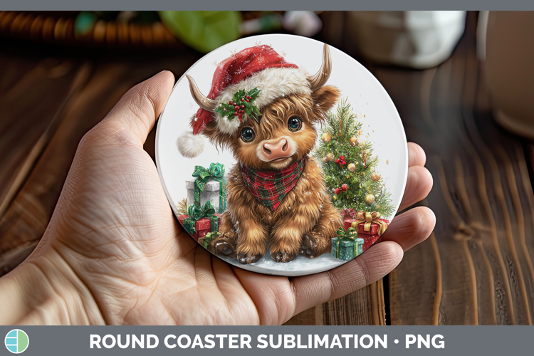 Christmas Santa Hat Highland Cow Round Coaster Sublimation C