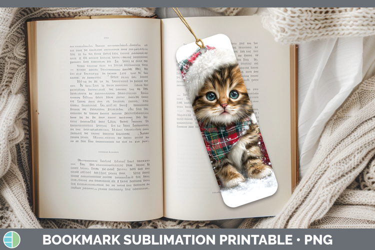 Christmas Santa Hat Kitten Bookmark Sublimation Printable De