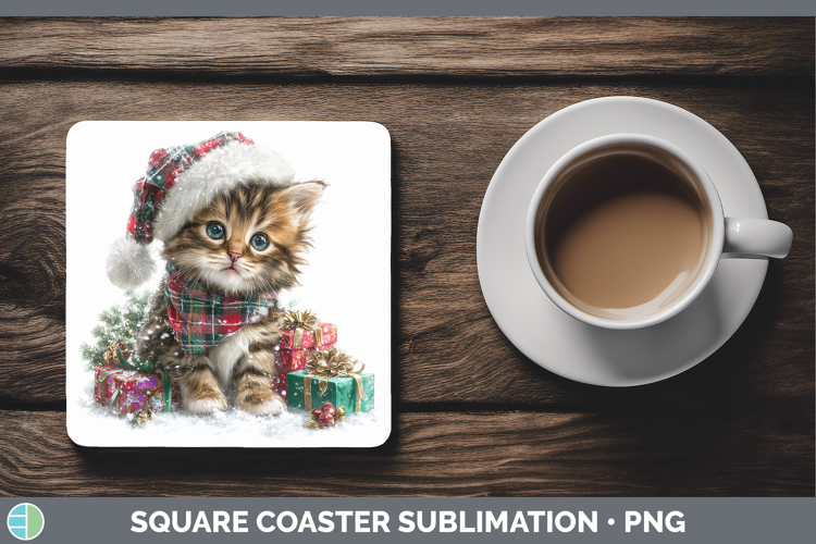 Christmas Santa Hat Kitten Square Coaster Sublimation Coaste