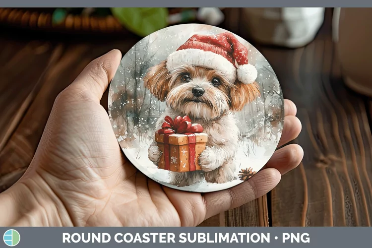 Christmas Santa Lhasa Apso Round Coaster Sublimation Coaster