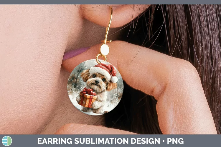 Christmas Santa Lhasa Apso Round Earrings Sublimation Earrin