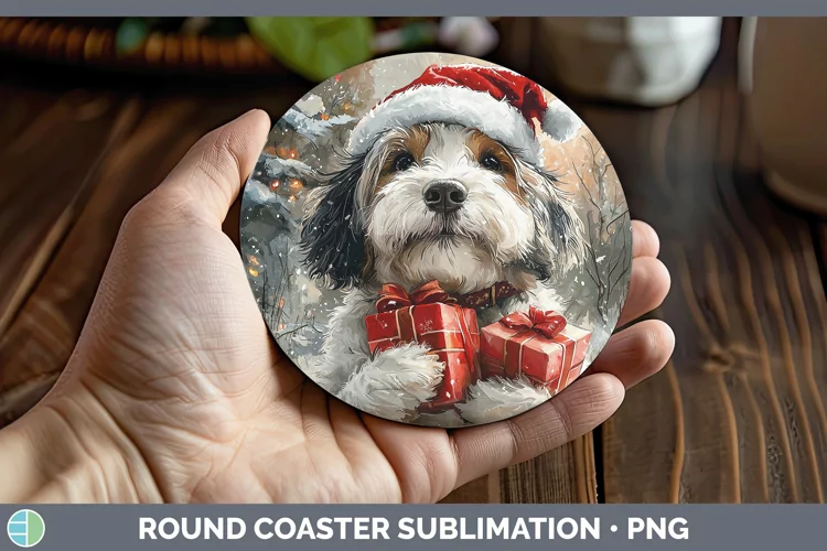Christmas Santa Old English Sheepdog Round Coaster Sublimati
