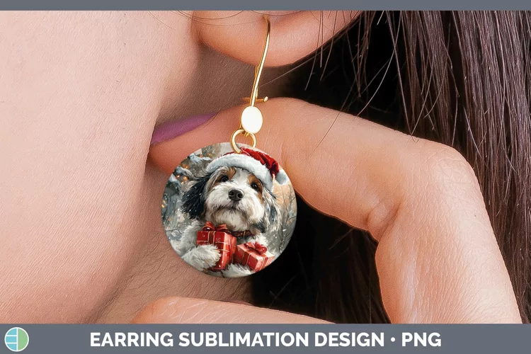 Christmas Santa Old English Sheepdog Round Earrings Sublimat
