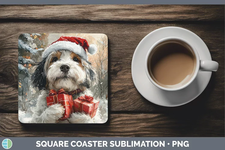 Christmas Santa Old English Sheepdog Square Coaster Sublimat