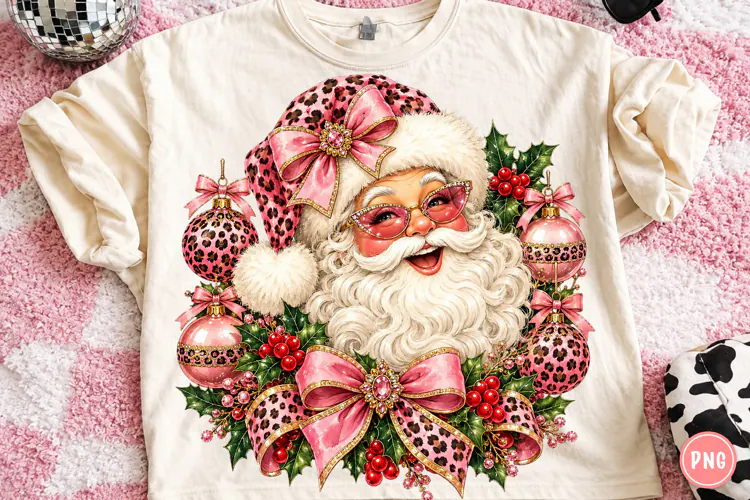 Pink Leopard Santa Christmas PNG | Glam Coquette Bow Png