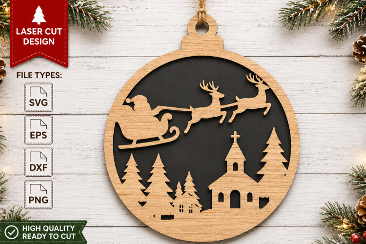 Christmas Santa Sleigh Ornament Laser Cut SVG example image 1