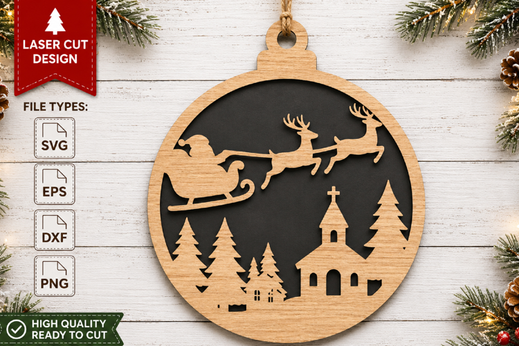 Christmas Santa Sleigh Ornament Laser Cut SVG