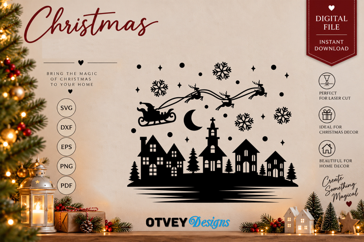Christmas Santa Sleigh Reindeer Village SVG, Christmas Decor