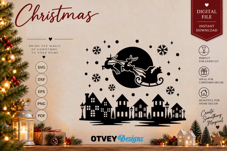 Christmas Santa Sleigh Reindeer Village SVG, Christmas Decor