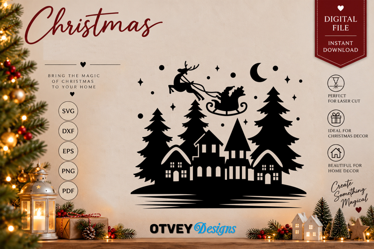 Christmas Santa Sleigh Reindeer Village SVG, Christmas Decor