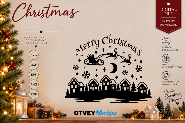 Christmas Santa Sleigh Reindeer Village SVG, Christmas Decor