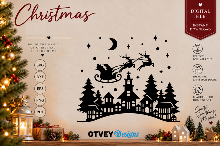 Christmas Santa Sleigh Reindeer Village SVG, Christmas Decor