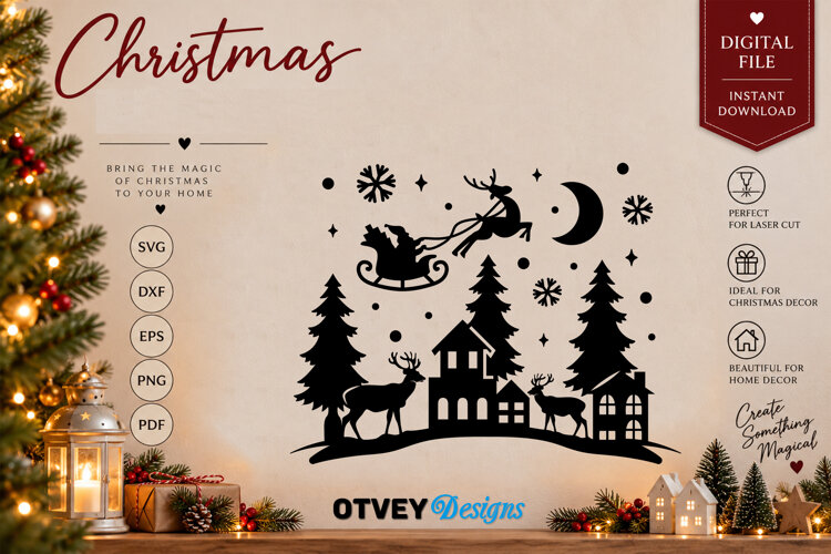 Christmas Santa Sleigh Reindeer Village SVG, Christmas Decor example image 1