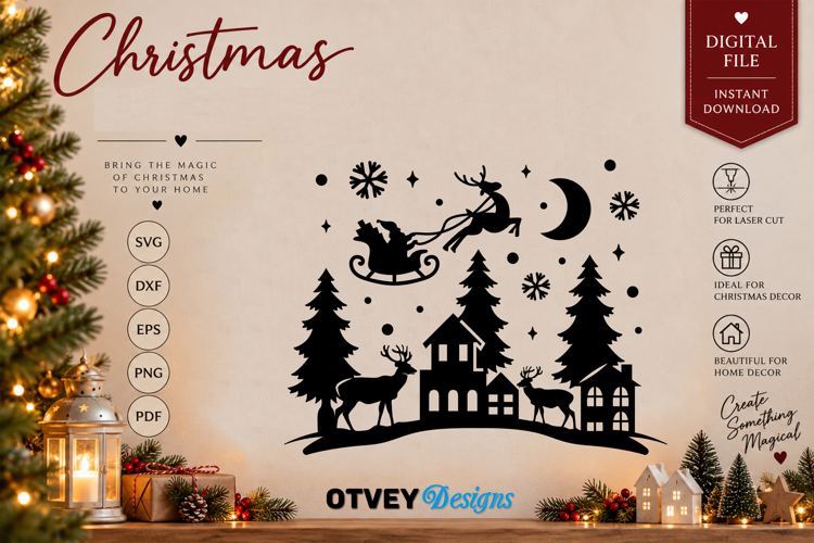 Christmas Santa Sleigh Reindeer Village SVG, Christmas Decor