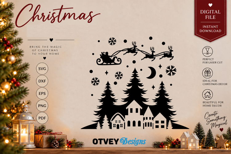 Christmas Santa Sleigh Reindeer Village SVG, Christmas Decor