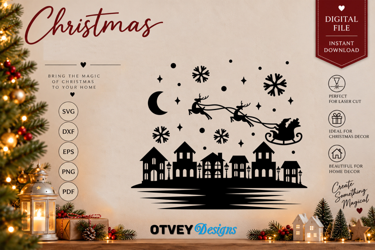 Christmas Santa Sleigh Reindeer Village SVG, Christmas Decor