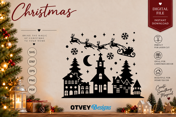 Christmas Santa Sleigh Reindeer Village SVG, Christmas Decor
