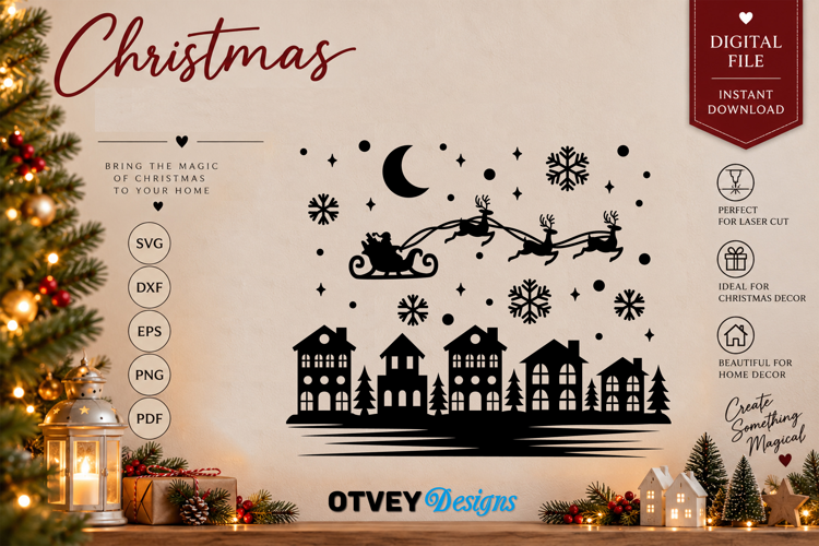 Christmas Santa Sleigh Reindeer Village SVG, Christmas Decor