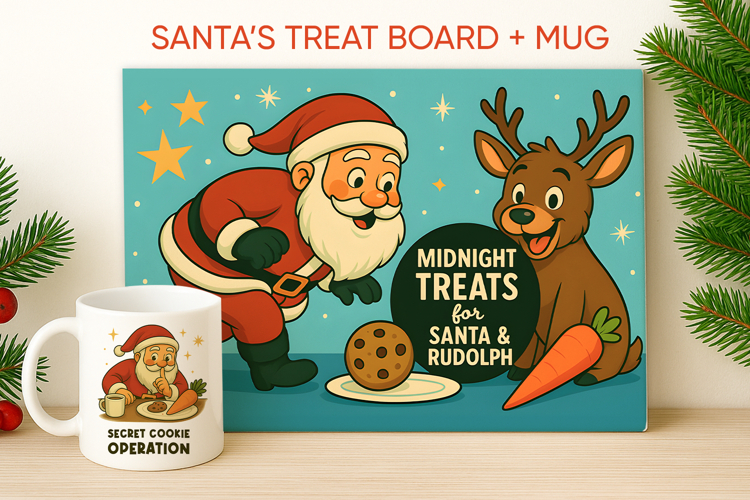 Cute Christmas Cutting Board & Mug, Santa Treat Board