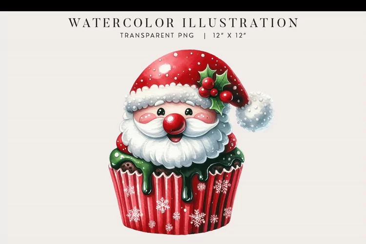 Christmas Santa Watercolor Cupcake Clipart