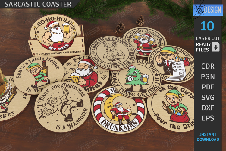 Christmas Sarcastic Coasters with Stand Laser Cut Bundle|CNC