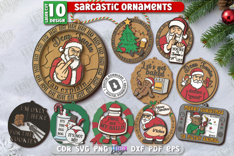 Sarcastic Christmas Ornaments Laser Cut Bundle, Funny Decor