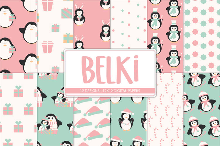 Christmas Scrapbook Paper, Penguin Digital Paper Backgrounds