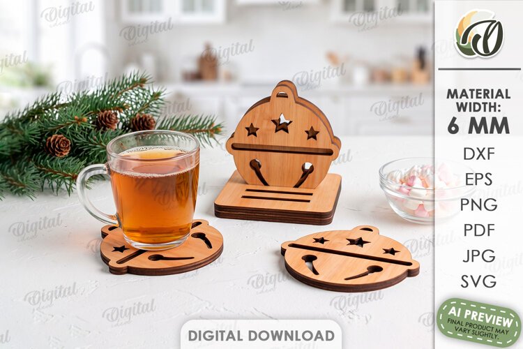 Christmas Coasters with Holder Laser Cut. Drink Coaster SVG example image 1