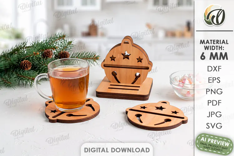 Christmas Coasters with Holder Laser Cut. Drink Coaster SVG