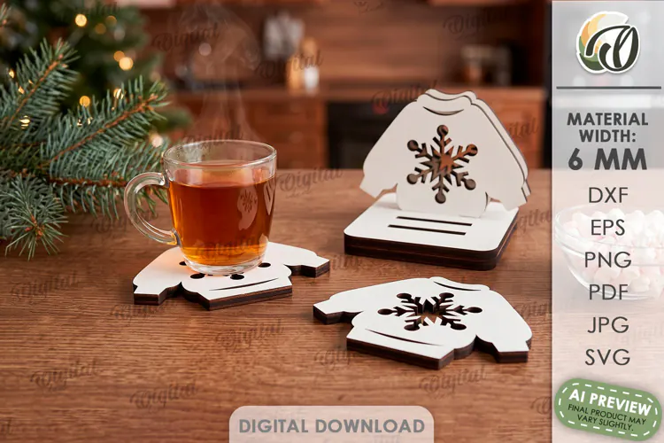 Christmas Coasters with Holder Laser Cut. Drink Coaster SVG