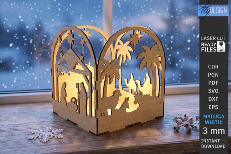 Wooden Nativity Lantern Laser Cut | 3D Christmas Night Light example image 1