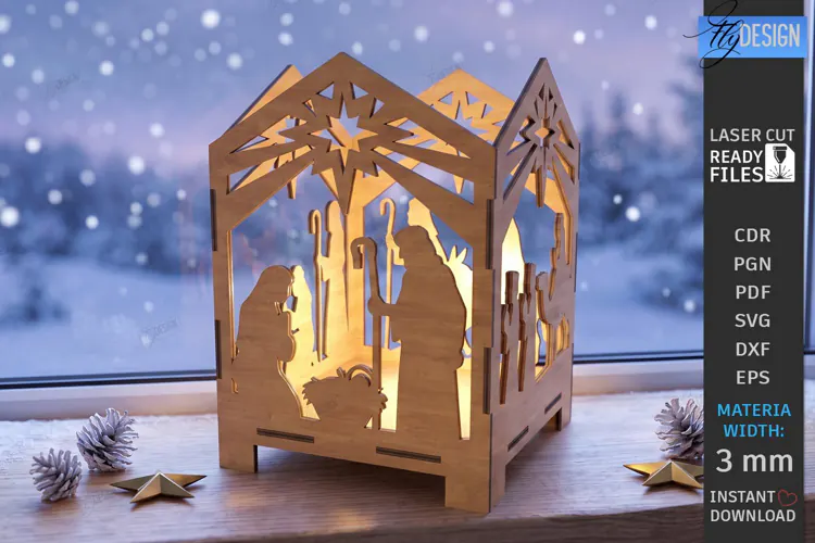 Wooden Nativity Lantern Laser Cut | 3D Christmas Night Light
