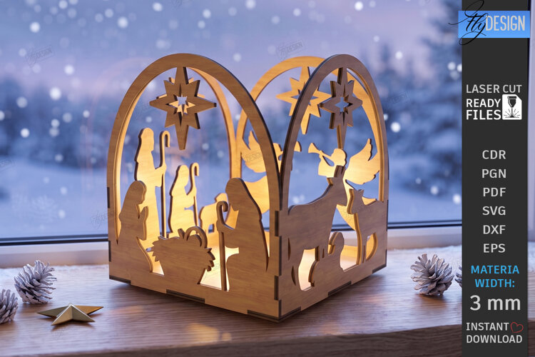 Wooden Nativity Lantern Laser Cut | 3D Christmas Night Light example image 1