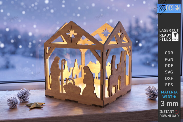 Wooden Nativity Lantern Laser Cut | 3D Christmas Night Light example image 1