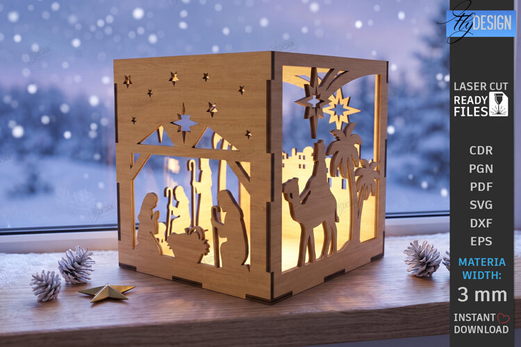 Wooden Nativity Lantern Laser Cut | 3D Christmas Night Light example image 1