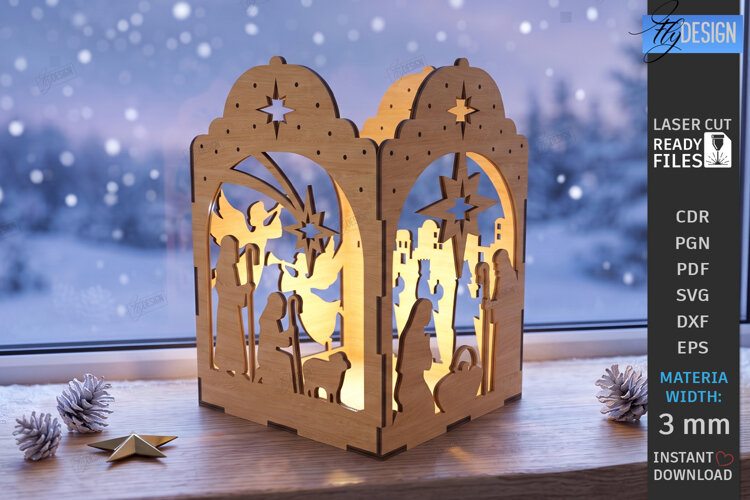 Wooden Nativity Lantern Laser Cut | 3D Christmas Night Light example image 1
