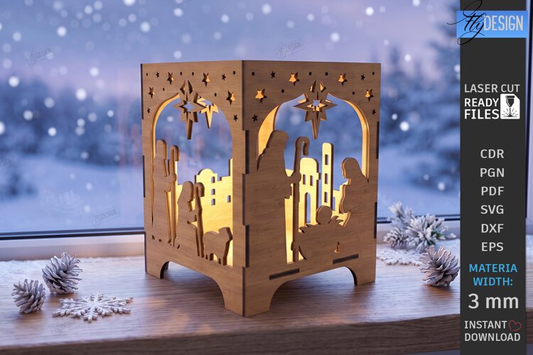 Wooden Nativity Lantern Laser Cut | 3D Christmas Night Light example image 1