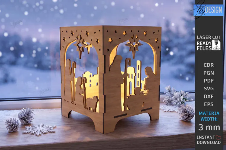 Wooden Nativity Lantern Laser Cut | 3D Christmas Night Light
